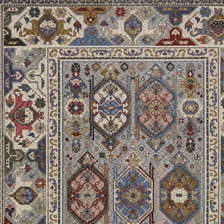 5' X 8' Blue And Gray Oriental Area Rug With Fringe