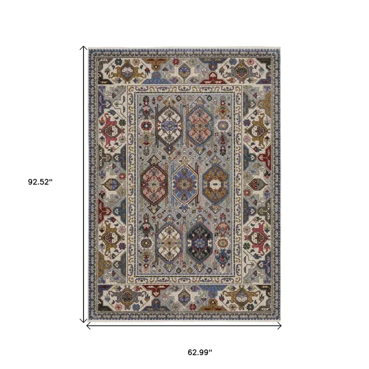 5' X 8' Blue And Gray Oriental Area Rug With Fringe