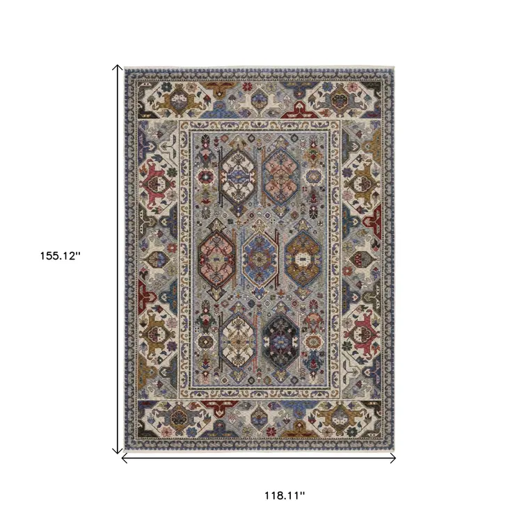 10' X 13' Blue And Gray Oriental Area Rug With Fringe