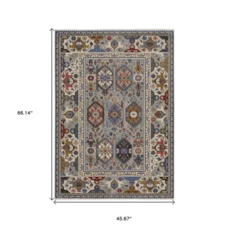 4' X 6' Blue And Gray Oriental Area Rug With Fringe