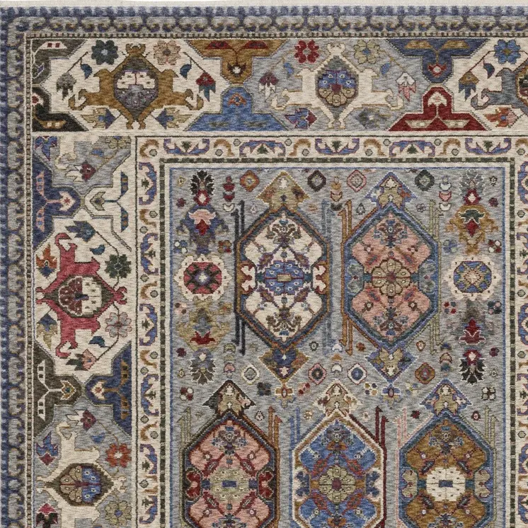 7' X 10' Blue And Gray Oriental Area Rug With Fringe