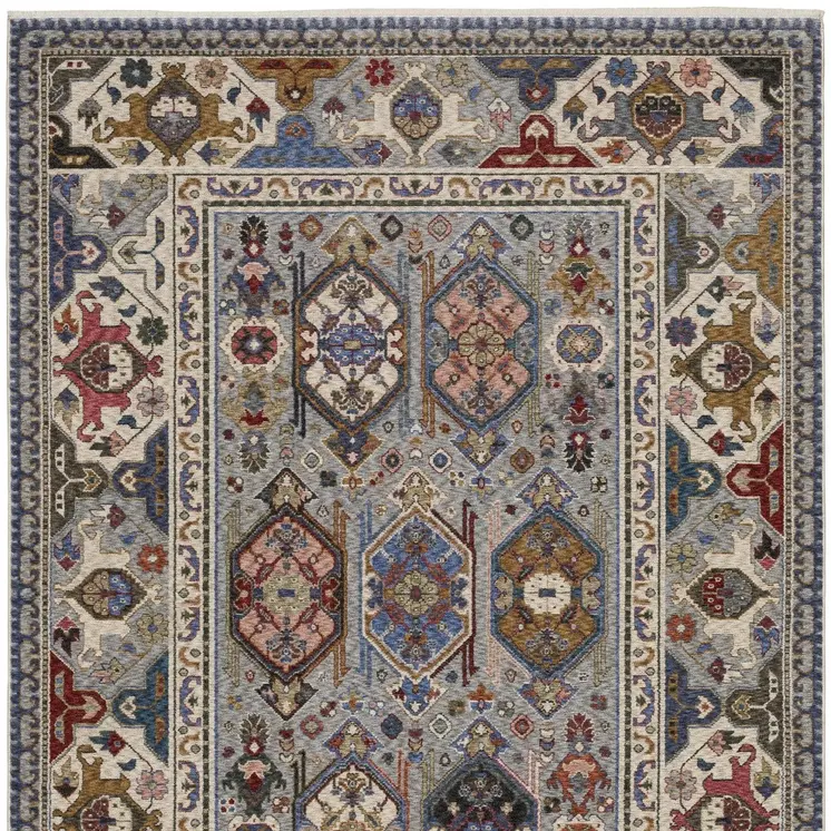 7' X 10' Blue And Gray Oriental Area Rug With Fringe