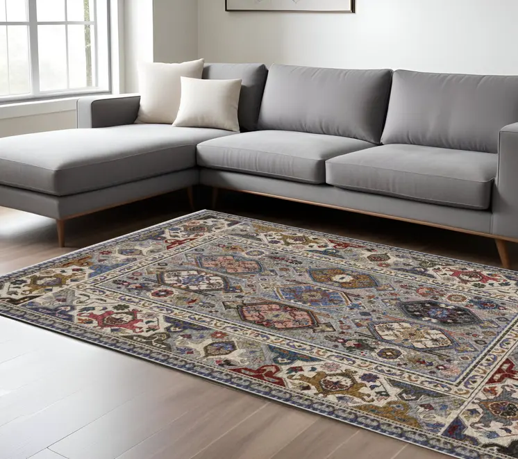 7' X 10' Blue And Gray Oriental Area Rug With Fringe