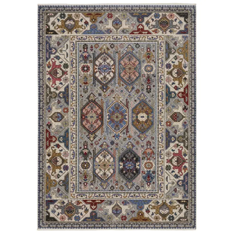 7' X 10' Blue And Gray Oriental Area Rug With Fringe