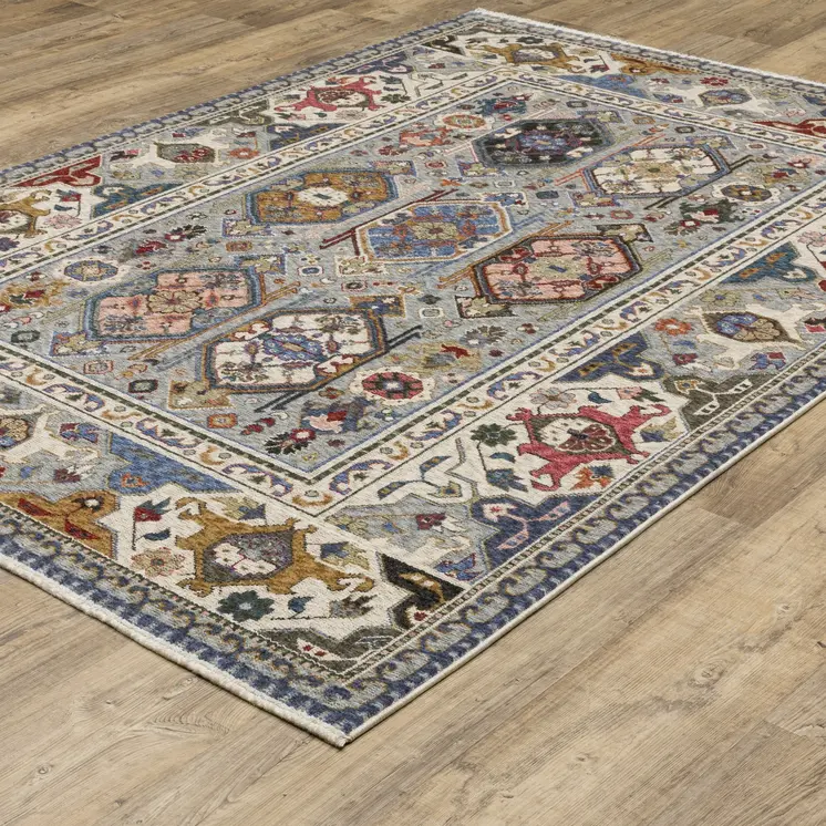 7' X 10' Blue And Gray Oriental Area Rug With Fringe