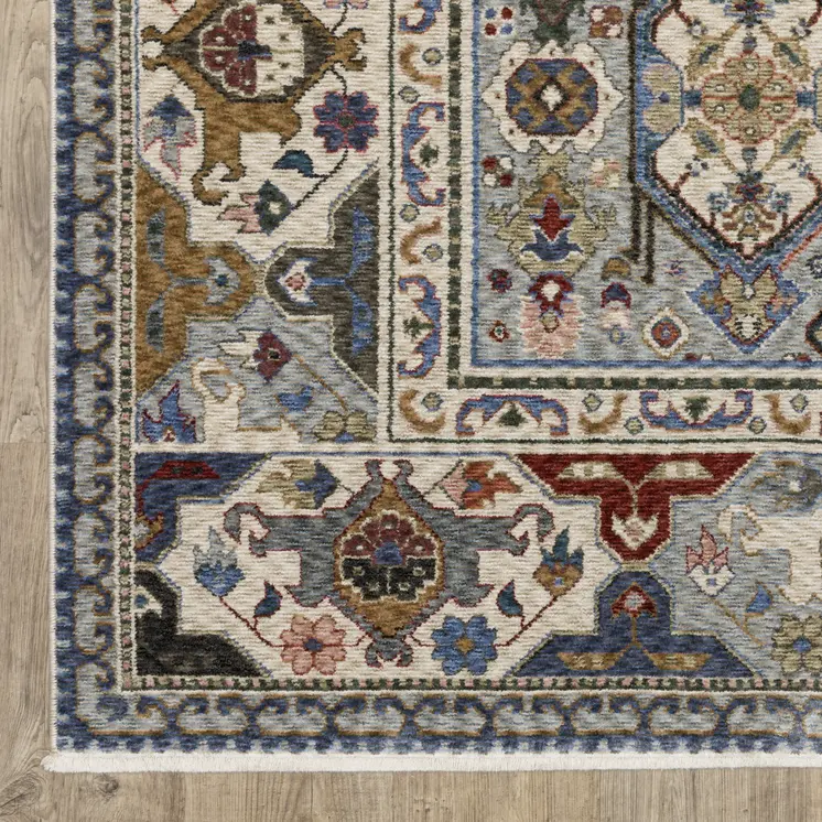7' X 10' Blue And Gray Oriental Area Rug With Fringe