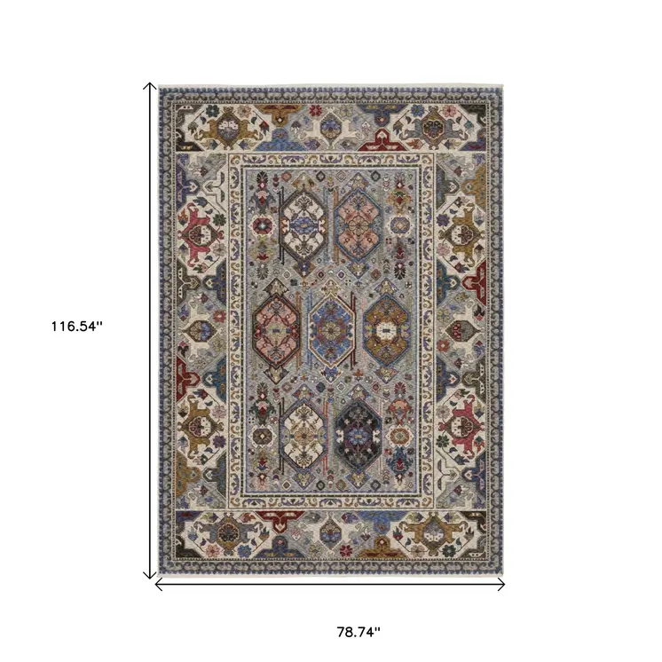 7' X 10' Blue And Gray Oriental Area Rug With Fringe