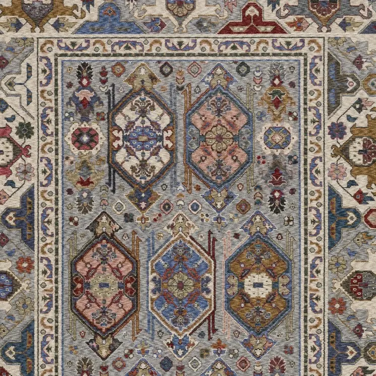 8' X 11' Blue And Gray Oriental Area Rug With Fringe
