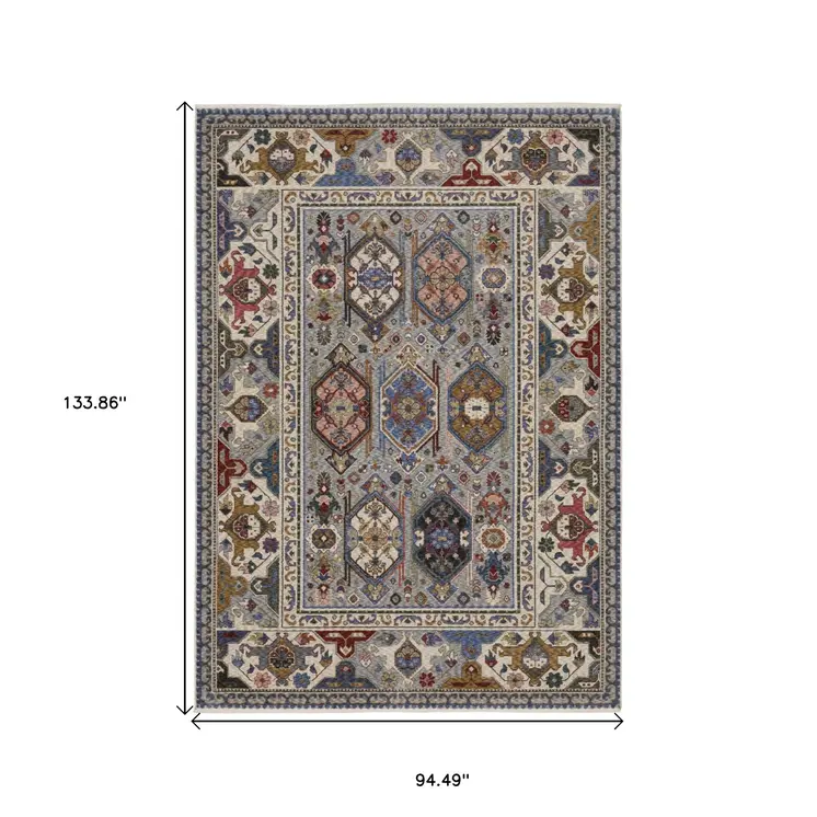 8' X 11' Blue And Gray Oriental Area Rug With Fringe