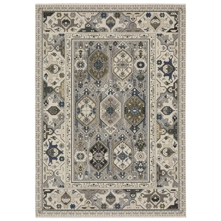 10' X 13' Ivory And Blue Oriental Area Rug With Fringe