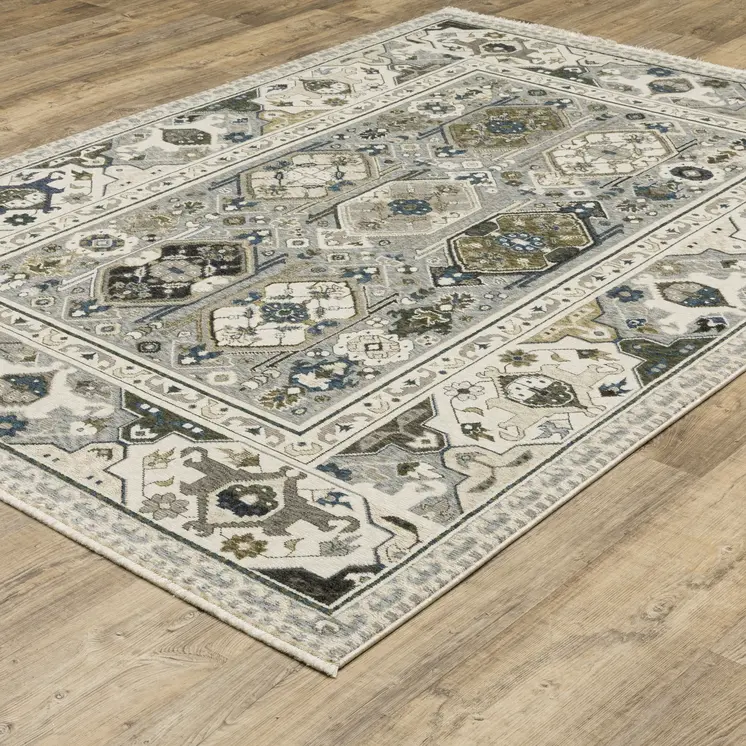 10' X 13' Ivory And Blue Oriental Area Rug With Fringe