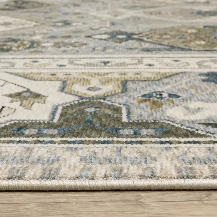 10' X 13' Ivory And Blue Oriental Area Rug With Fringe