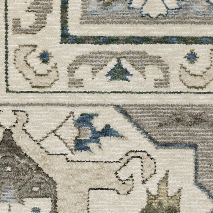 10' X 13' Ivory And Blue Oriental Area Rug With Fringe