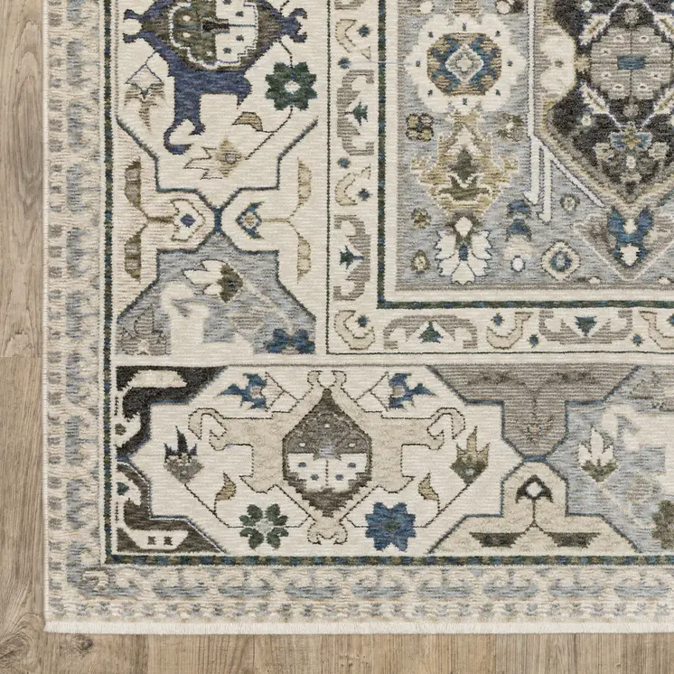 10' X 13' Ivory And Blue Oriental Area Rug With Fringe