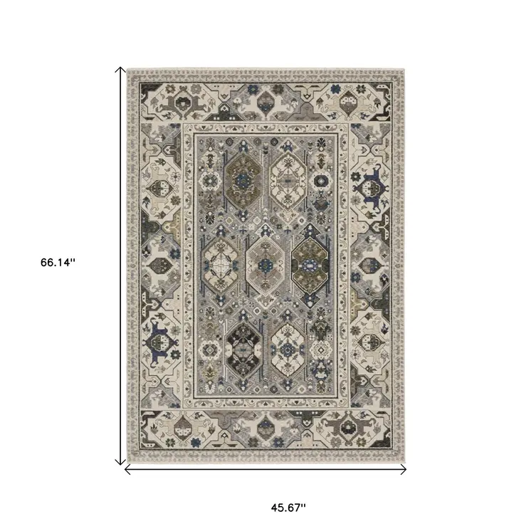4' X 6' Ivory And Blue Oriental Area Rug With Fringe