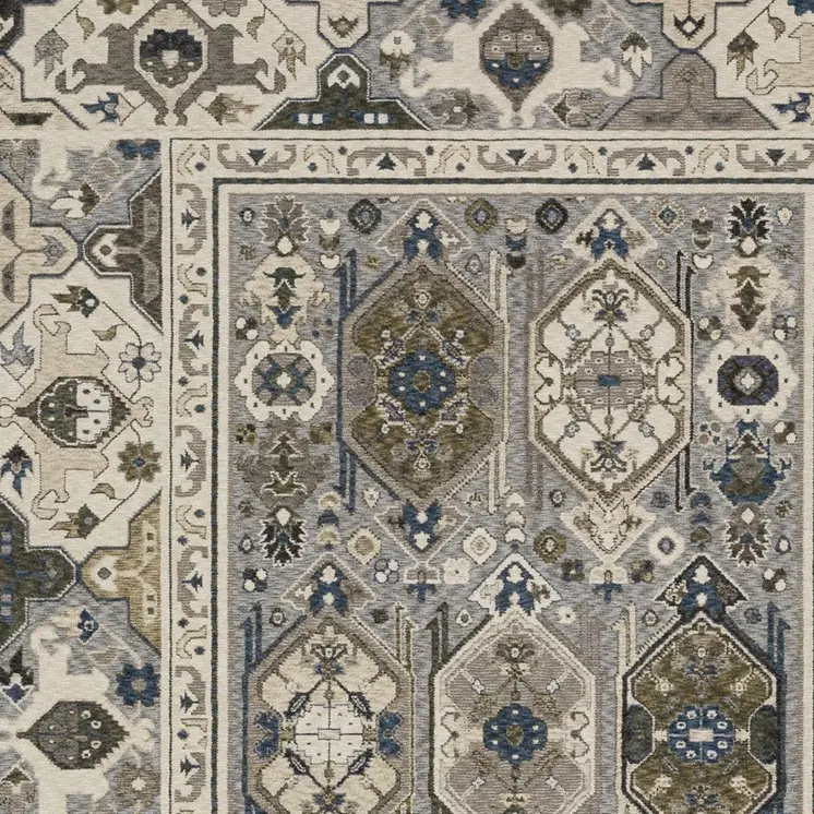 7' X 10' Ivory And Blue Oriental Area Rug With Fringe