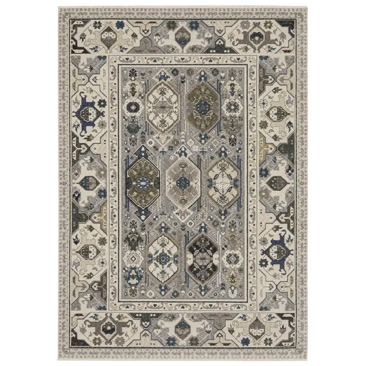 8' X 11' Ivory And Blue Oriental Area Rug With Fringe