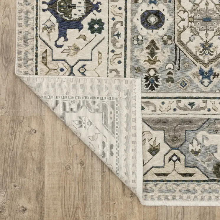 8' X 11' Ivory And Blue Oriental Area Rug With Fringe