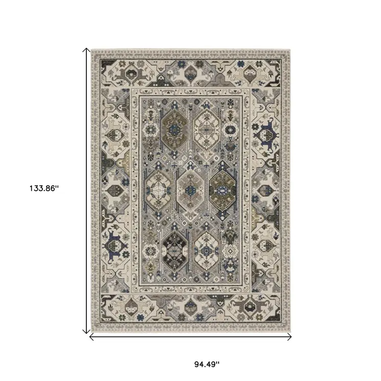 8' X 11' Ivory And Blue Oriental Area Rug With Fringe