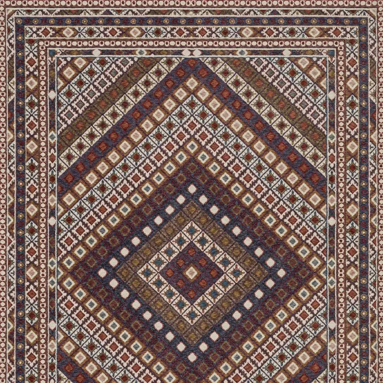 7' X 10' Ivory Red And Tan Diamond Area Rug With Fringe