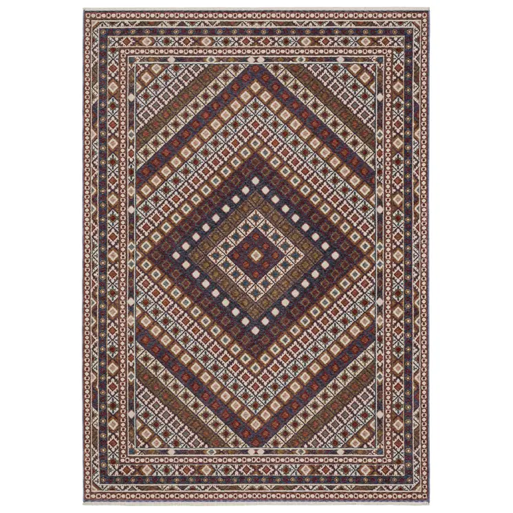 7' X 10' Ivory Red And Tan Diamond Area Rug With Fringe
