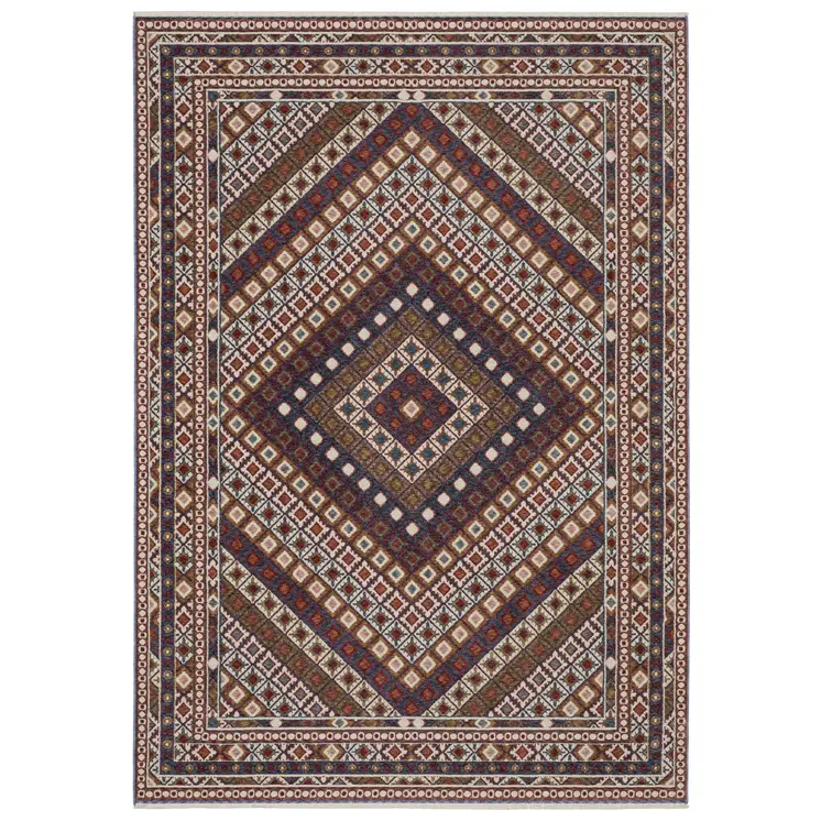 7' X 10' Ivory Red And Tan Diamond Area Rug With Fringe