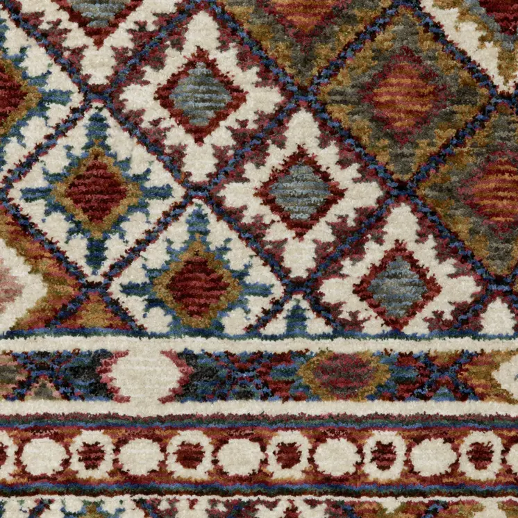 7' X 10' Ivory Red And Tan Diamond Area Rug With Fringe