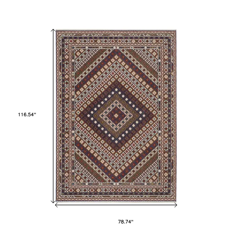 7' X 10' Ivory Red And Tan Diamond Area Rug With Fringe