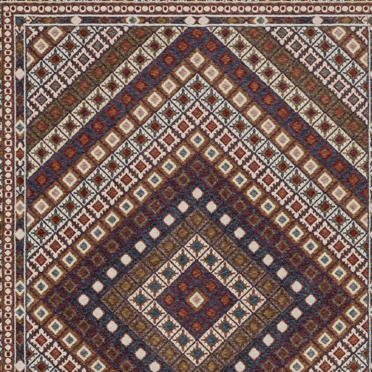 8' X 11' Ivory Red And Tan Diamond Area Rug With Fringe