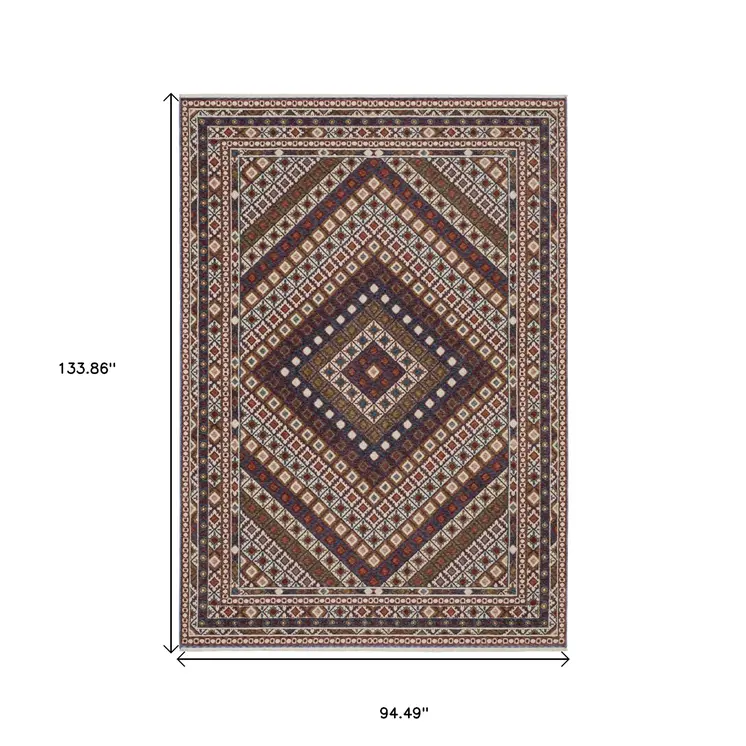8' X 11' Ivory Red And Tan Diamond Area Rug With Fringe