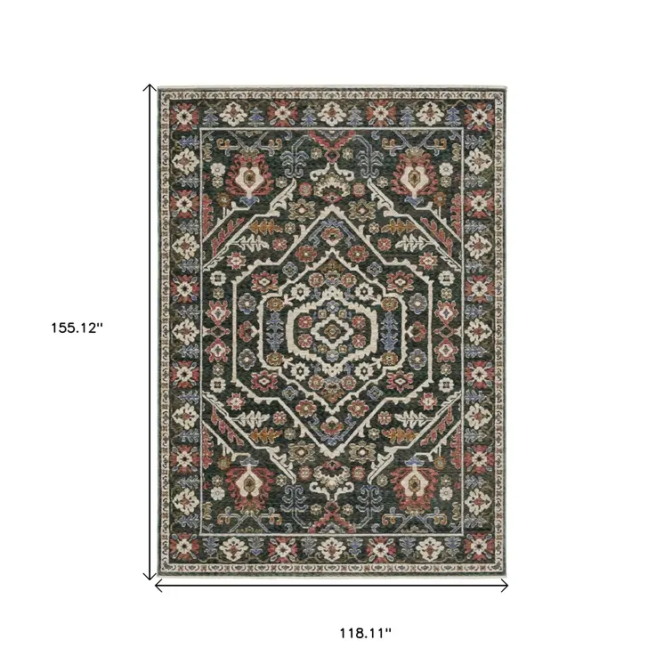 10' X 13' Green And Pink Floral Area Rug With Fringe