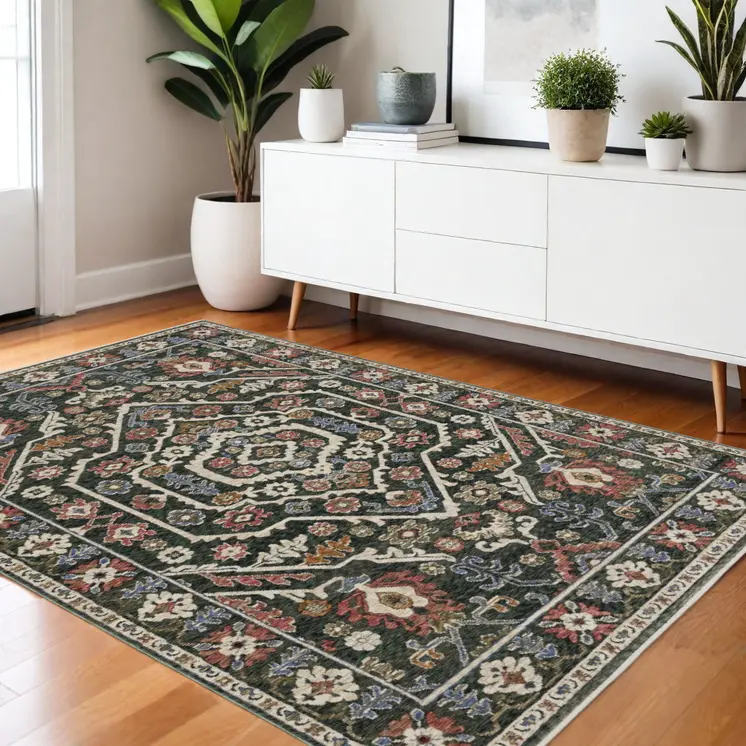 4' X 6' Green And Pink Floral Area Rug With Fringe