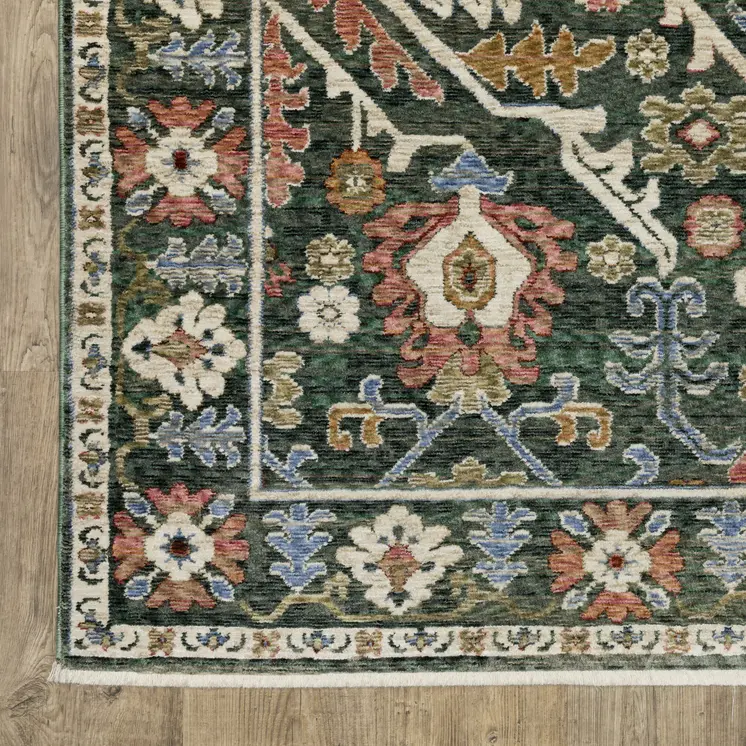 4' X 6' Green And Pink Floral Area Rug With Fringe