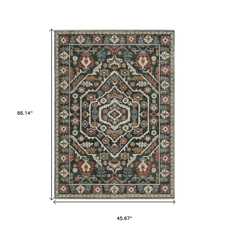4' X 6' Green And Pink Floral Area Rug With Fringe