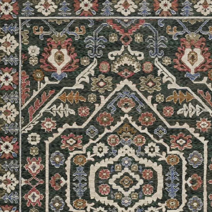 7' X 10' Green And Pink Floral Area Rug With Fringe