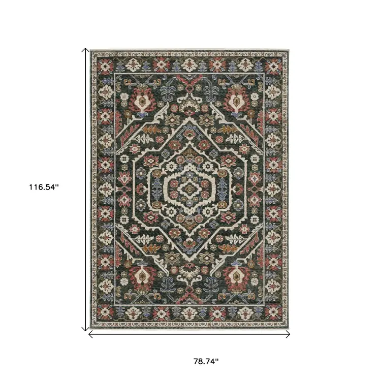 7' X 10' Green And Pink Floral Area Rug With Fringe