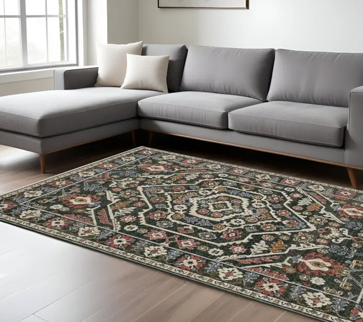 8' X 11' Green And Pink Floral Area Rug With Fringe