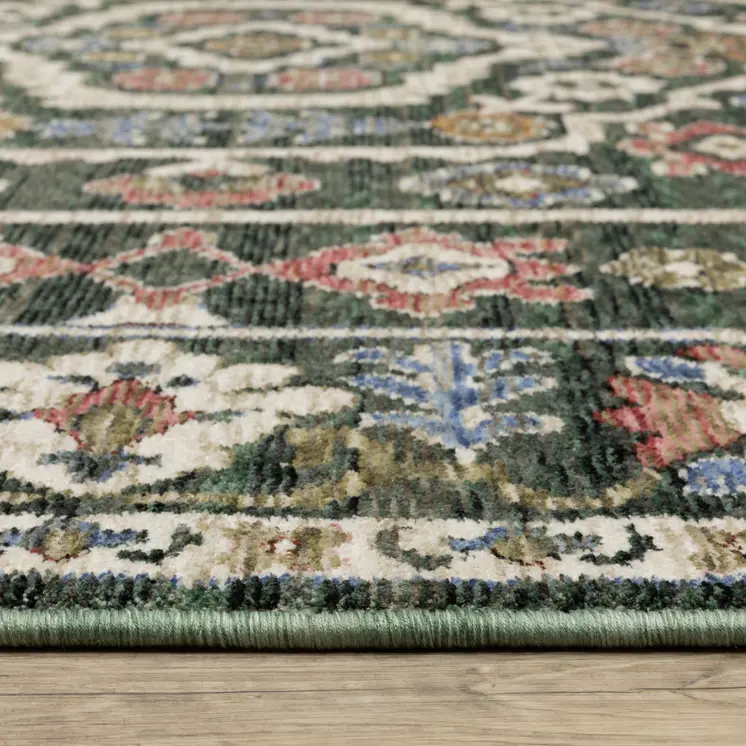 8' X 11' Green And Pink Floral Area Rug With Fringe