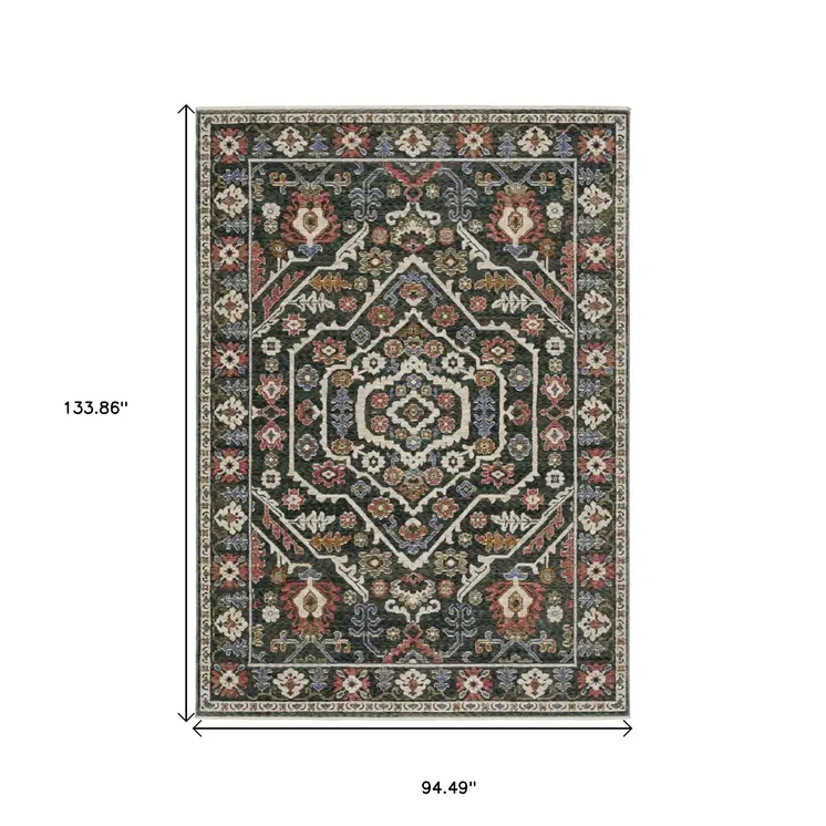 8' X 11' Green And Pink Floral Area Rug With Fringe