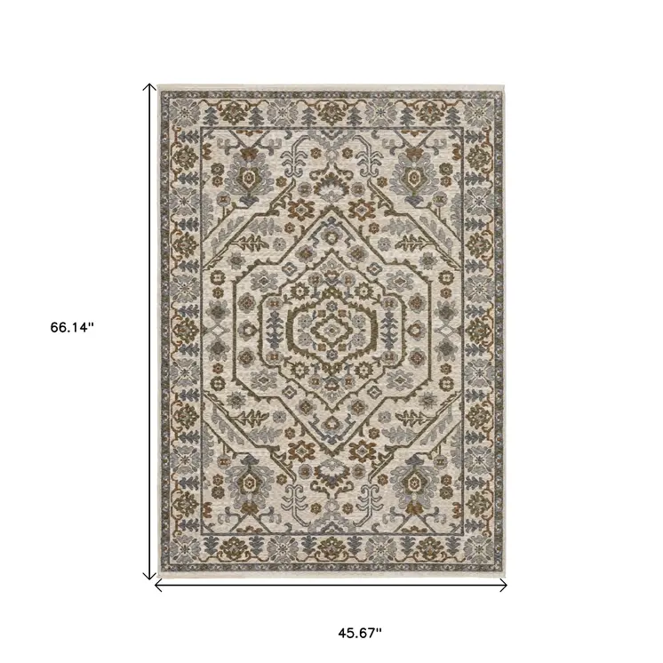 4' X 6' Ivory And Rust Floral Area Rug With Fringe