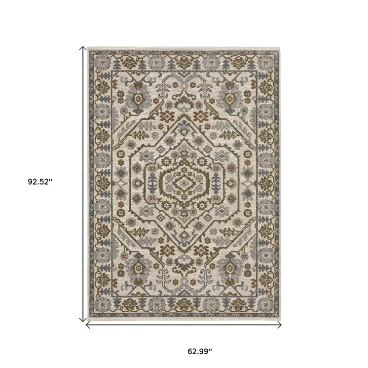 5' X 8' Ivory And Rust Floral Area Rug With Fringe