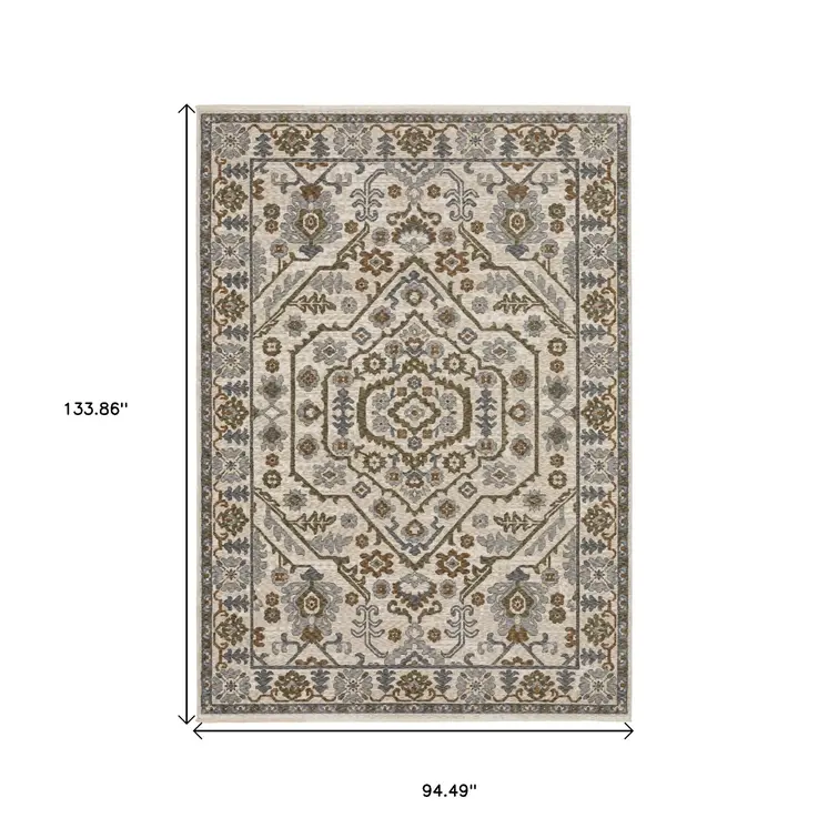 8' X 11' Ivory And Rust Floral Area Rug With Fringe
