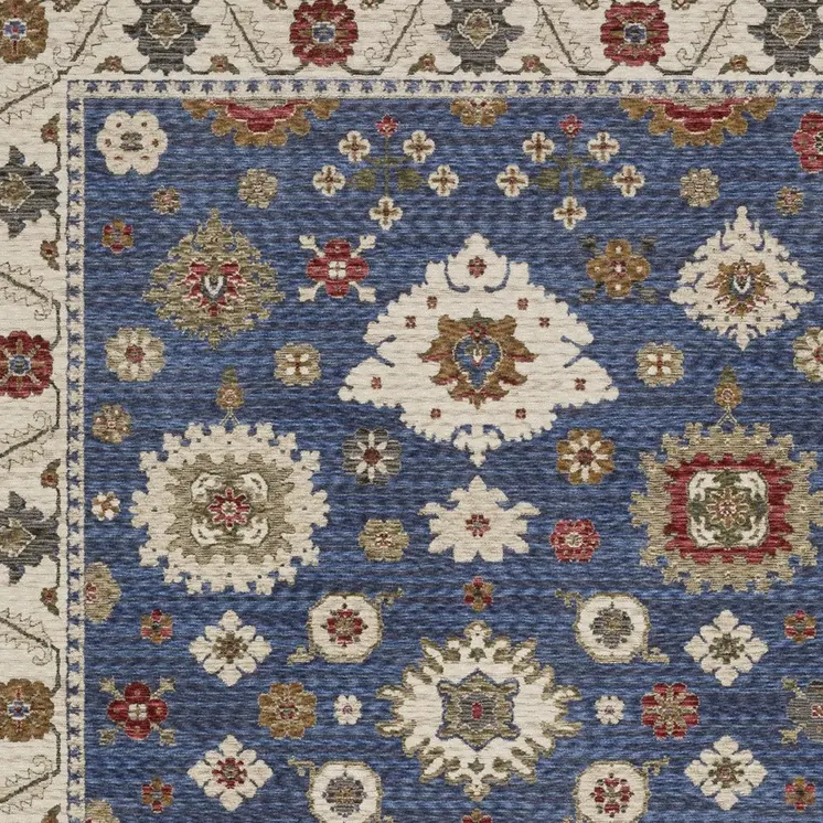 5' X 8' Blue And Ivory Floral Area Rug With Fringe