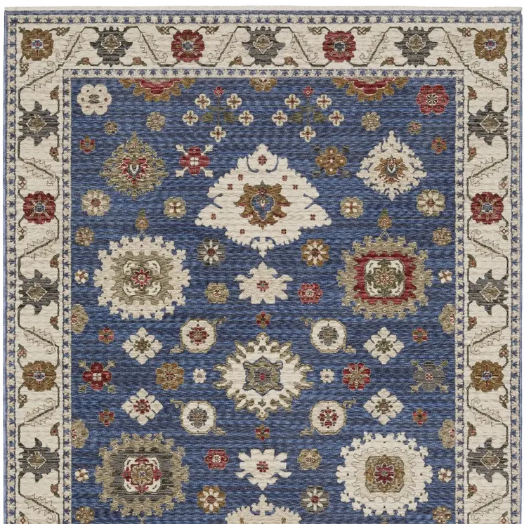 5' X 8' Blue And Ivory Floral Area Rug With Fringe