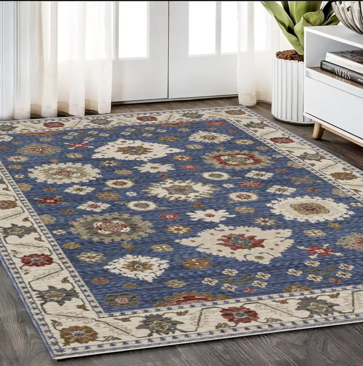5' X 8' Blue And Ivory Floral Area Rug With Fringe