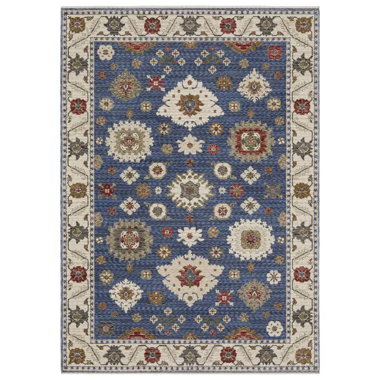 5' X 8' Blue And Ivory Floral Area Rug With Fringe