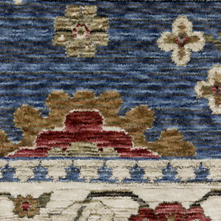 5' X 8' Blue And Ivory Floral Area Rug With Fringe