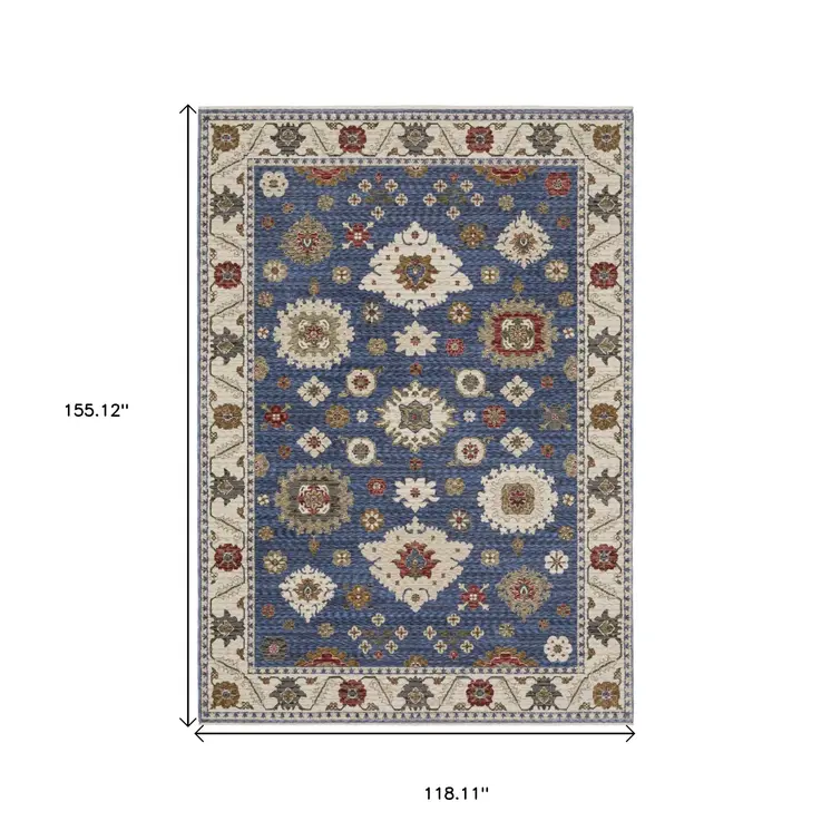 10' X 13' Blue And Ivory Floral Area Rug With Fringe