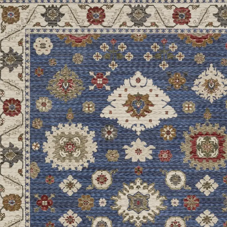 4' X 6' Blue And Ivory Floral Area Rug With Fringe