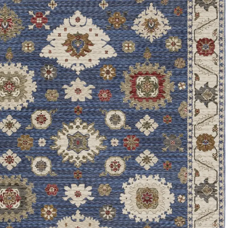 7' X 10' Blue And Ivory Floral Area Rug With Fringe